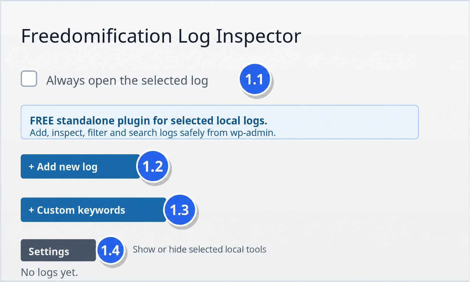 Freedomification Log Inspector main screen (FREE) with numbered actions.
