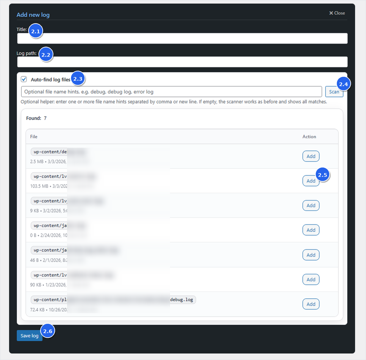 Add log panel with safe scanner workflow and numbered steps.