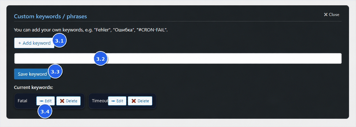 Custom keywords editor in Freedomification Log Inspector FREE.
