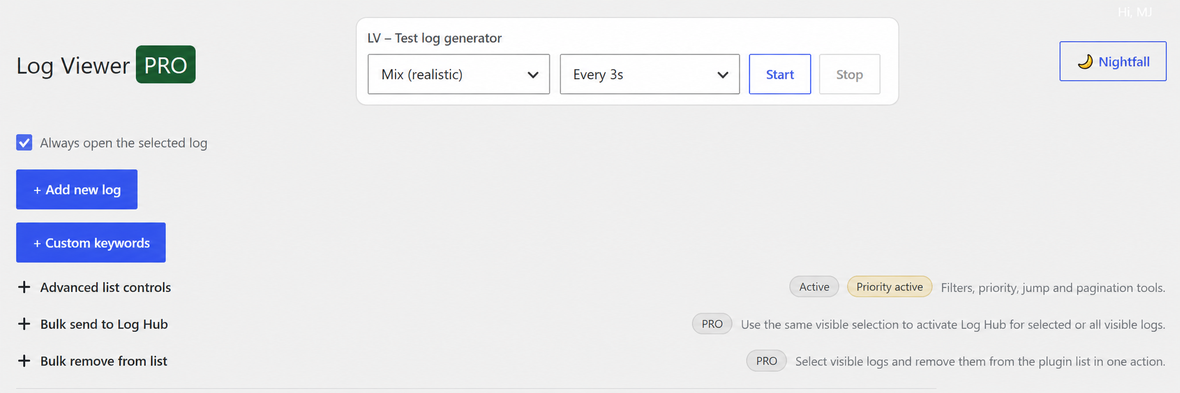 Main Log Viewer PRO screen overview