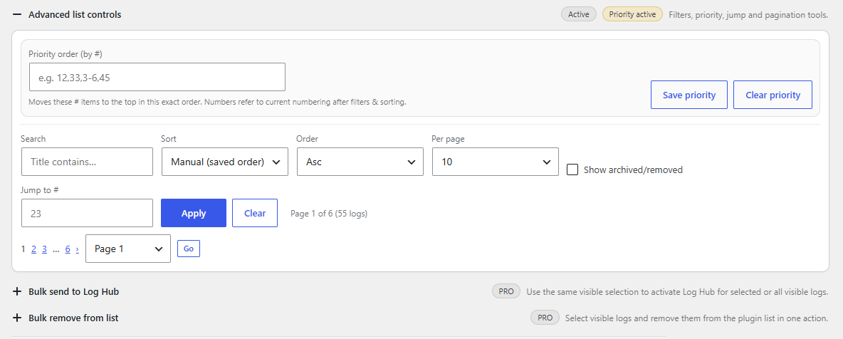 Managing logs screen in Log Viewer PRO