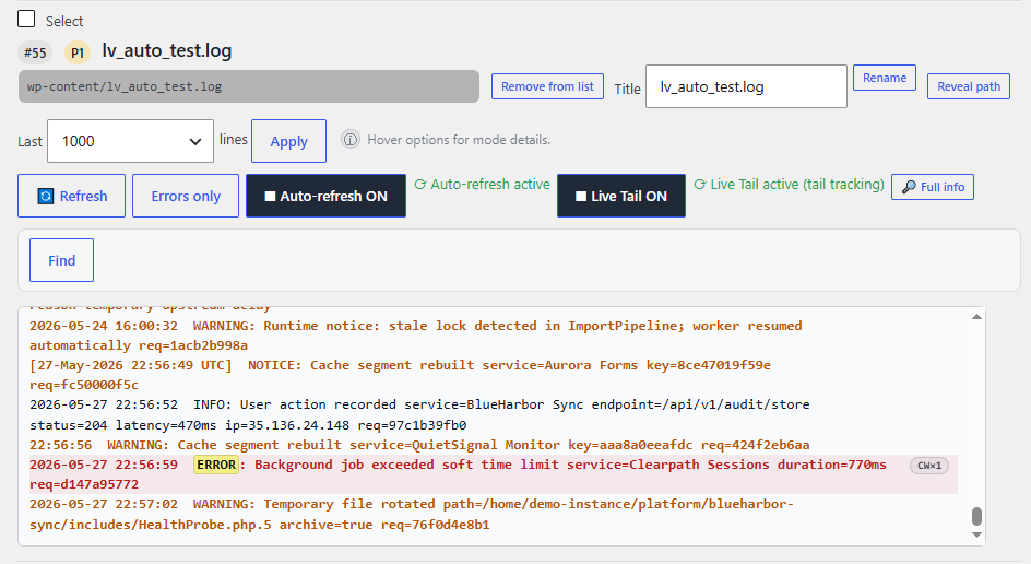 Auto-refresh and Live Tail controls in Log Viewer PRO