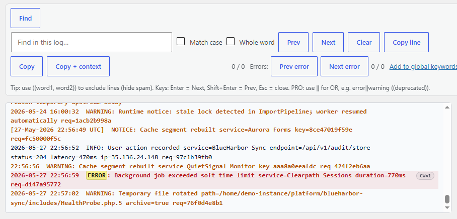 Find, filter and copy tools in Log Viewer PRO