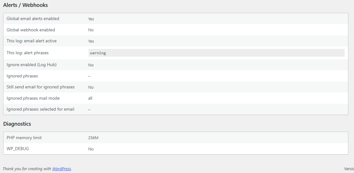 Log Inspector alerts, webhooks and diagnostics