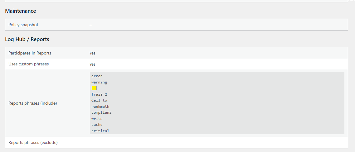 Log Inspector maintenance, Log Hub and reports details
