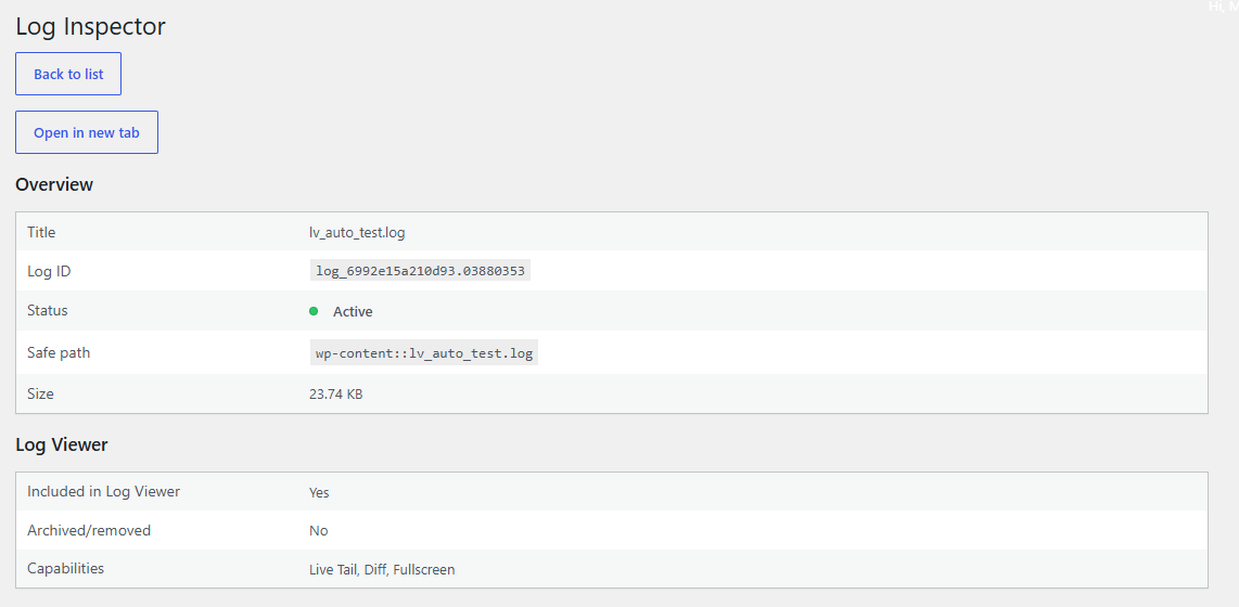 Log Inspector overview and Log Viewer status