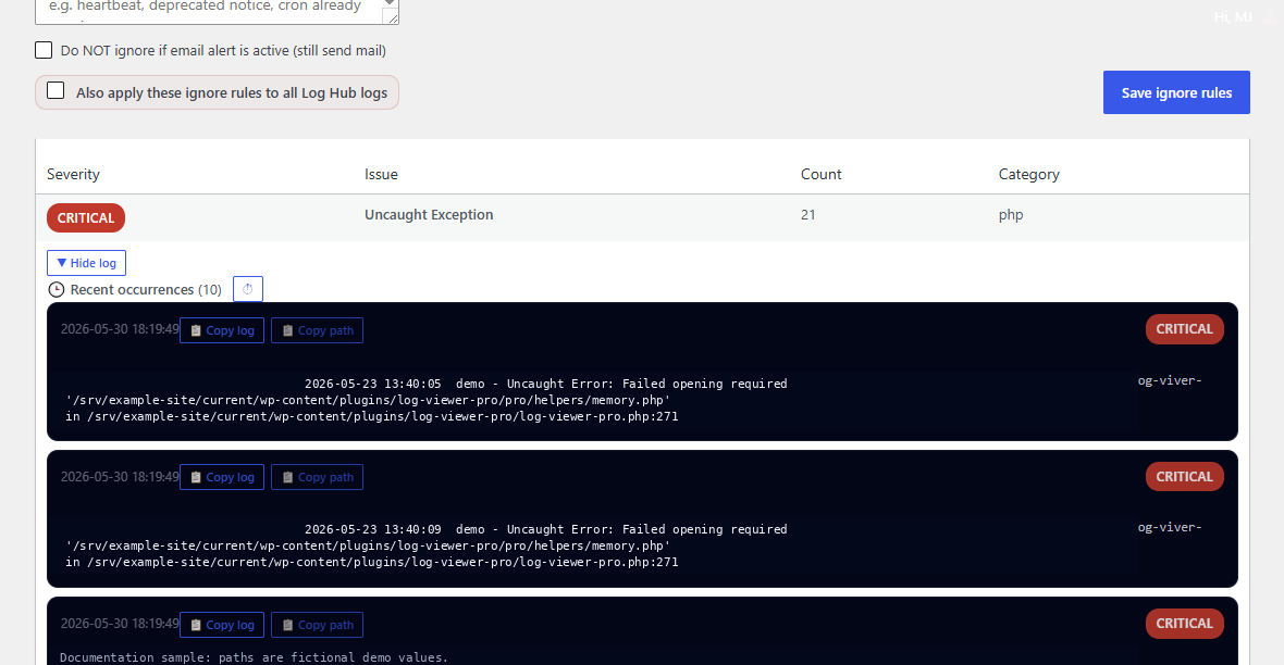 Log Hub detected issues and recent occurrences with fictional paths