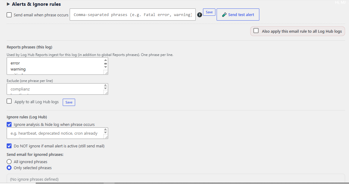 Per-log alerts and ignore rules in Log Viewer PRO