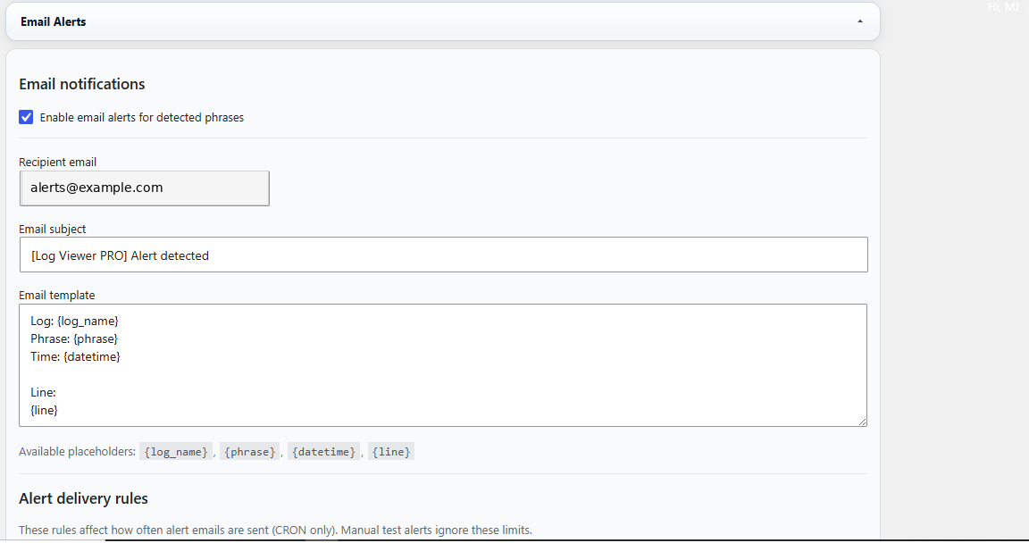 Email alert settings in Log Viewer PRO