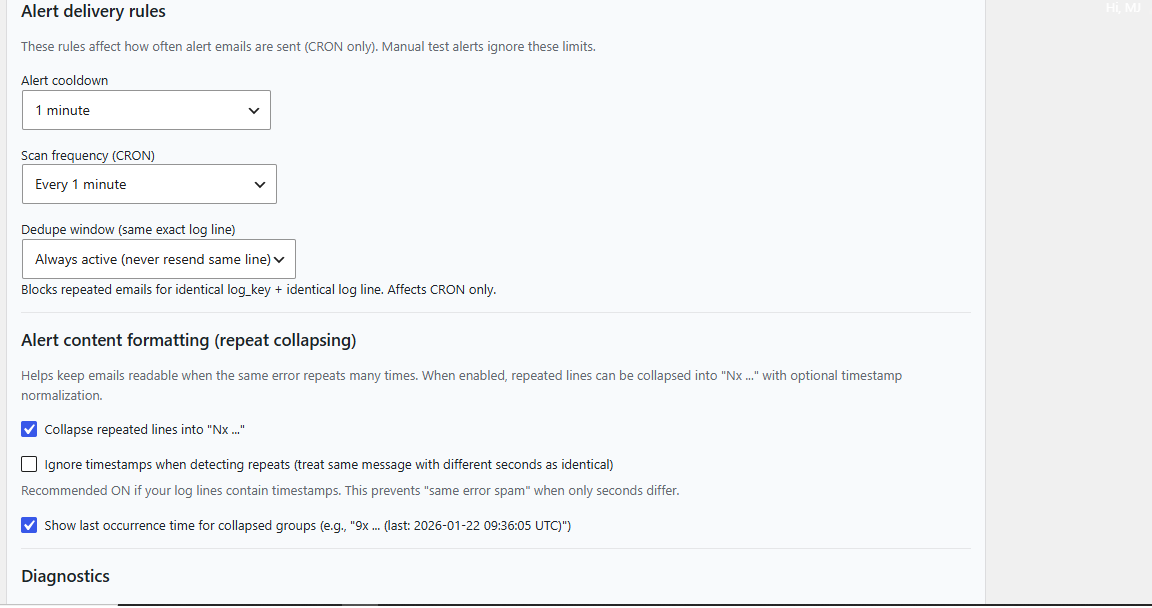 Alert delivery rules and repeated-line collapsing
