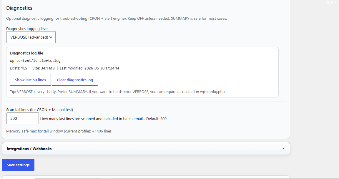 Alert diagnostics and scan tail settings