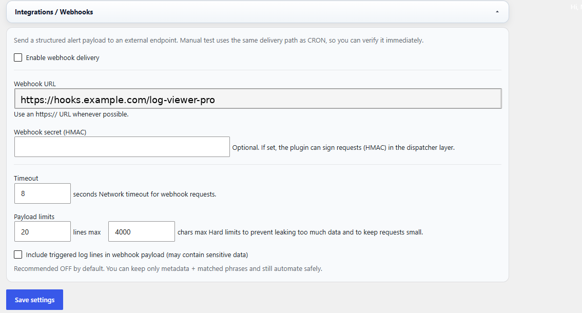 Webhook settings in Log Viewer PRO