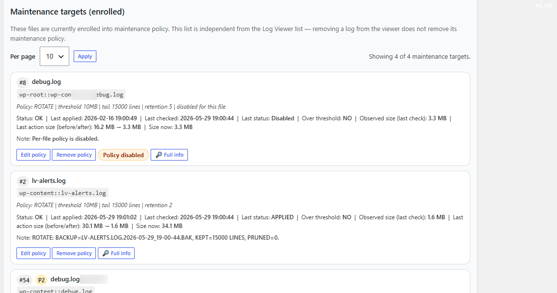 Enrolled maintenance targets in Log Viewer PRO