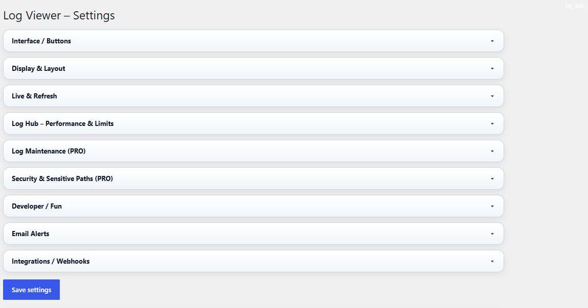 PRO Settings overview in Log Viewer PRO