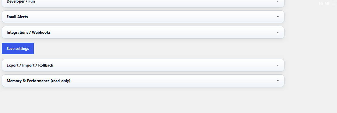 Lower part of PRO Settings with export import rollback and memory performance