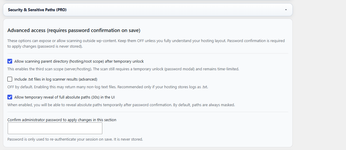 Security and sensitive paths settings in Log Viewer PRO